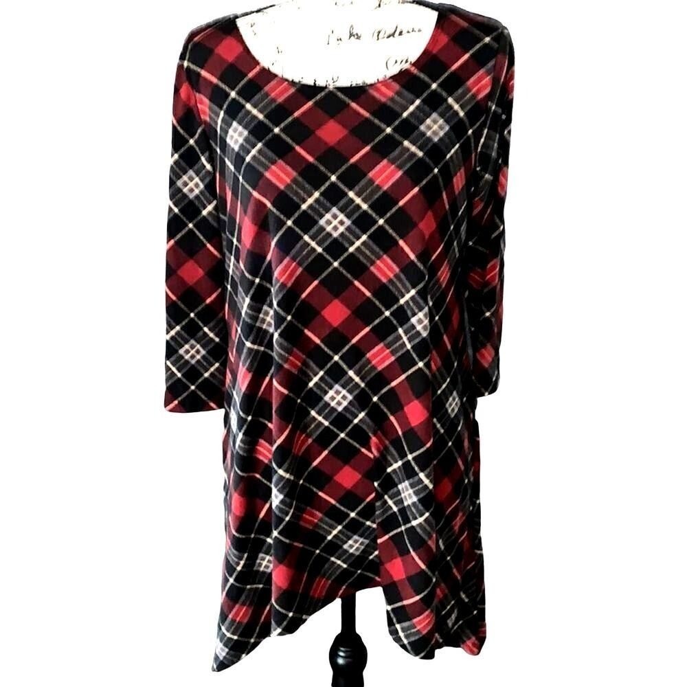 Lbisse Red Black Plaid Handkerchief Hem Tunic Top 3/4 Sleeve Large